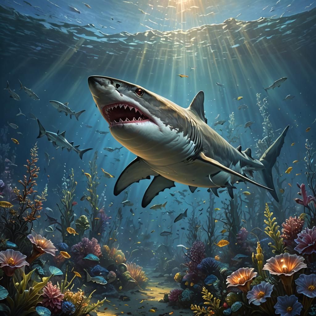 Bioluminescent Shark in Holographic Ocean