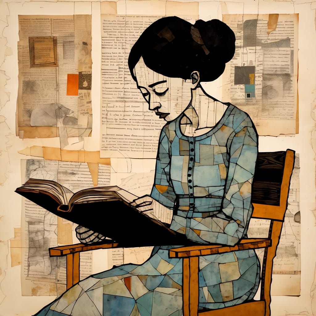 Girl Reading in Mixed Media Collage Style