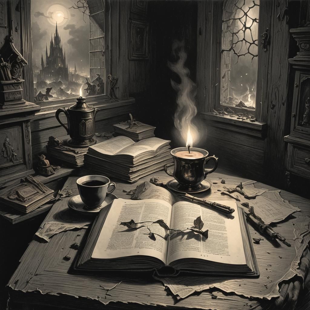 Coffee, Book, and Candle in Gothic Horror Style