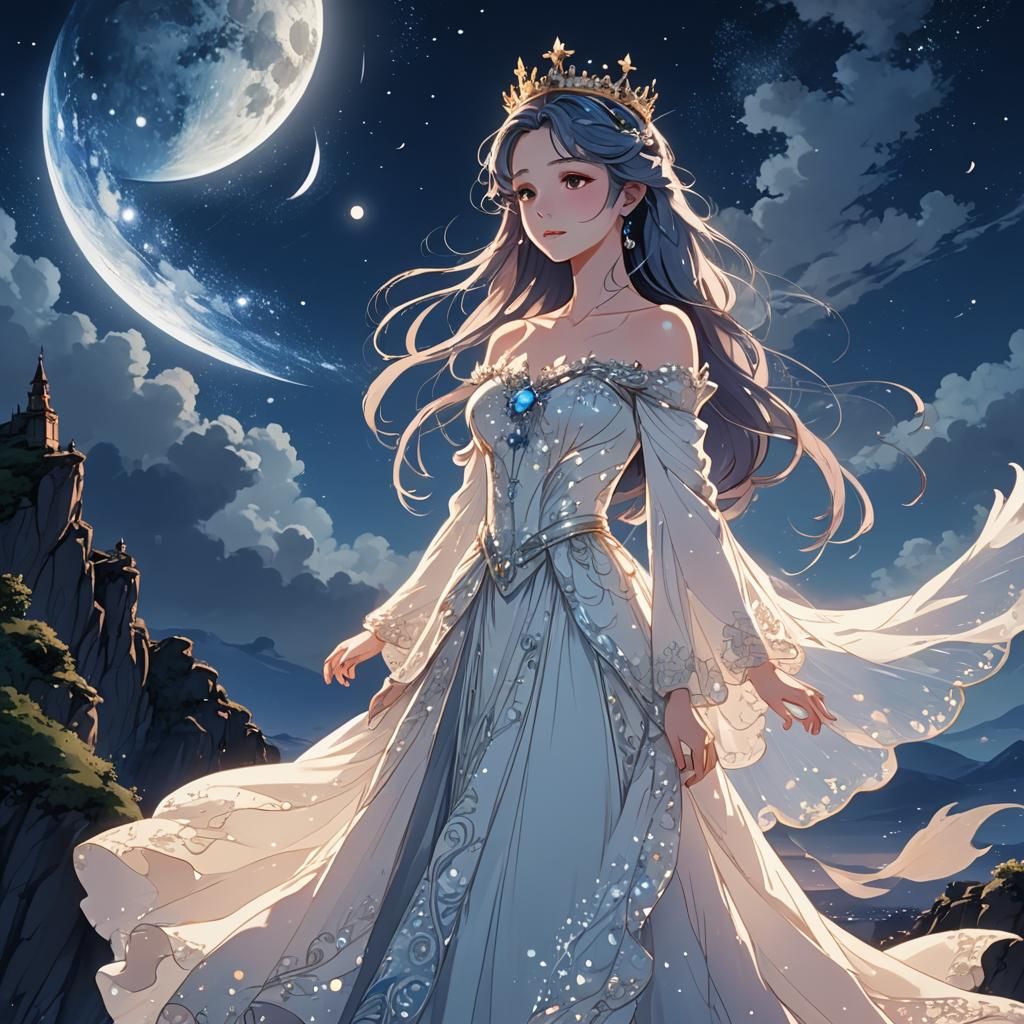 Anime Princess on Moonlit Cliff in Studio Trigger Style