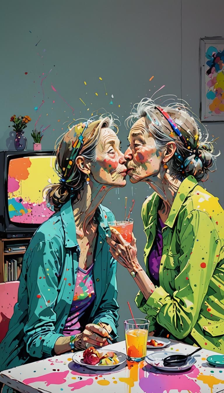 Two mature women, watching TV and kissing