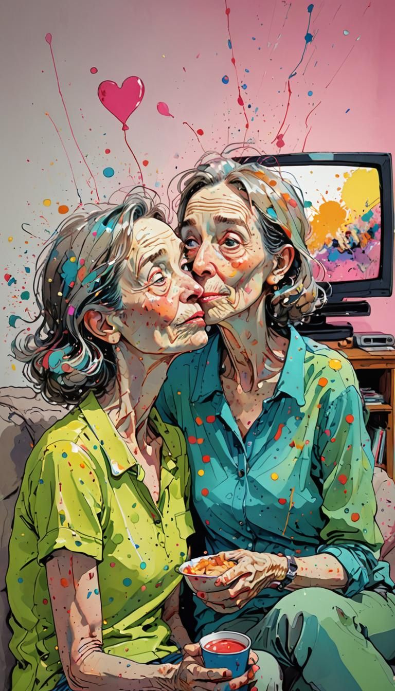 Two mature women, watching TV and kissing