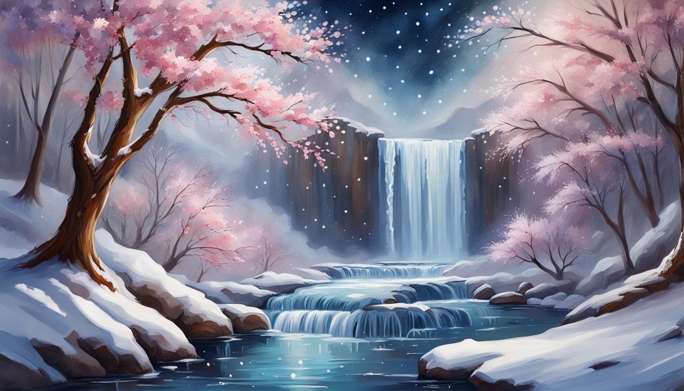 Winter Waterfall River in Snowy Cherry Blossom Forest