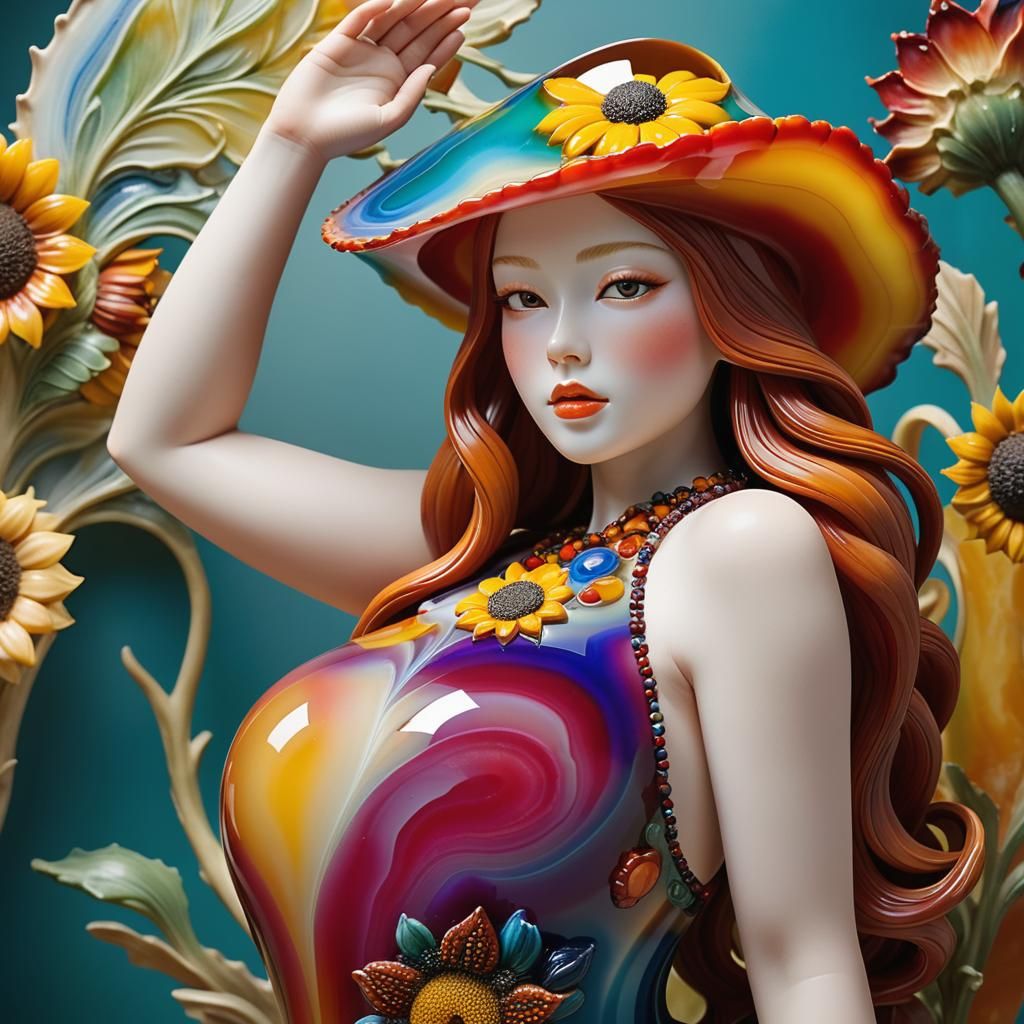 Nude Woman Emerges from Agate Sunflower Vase