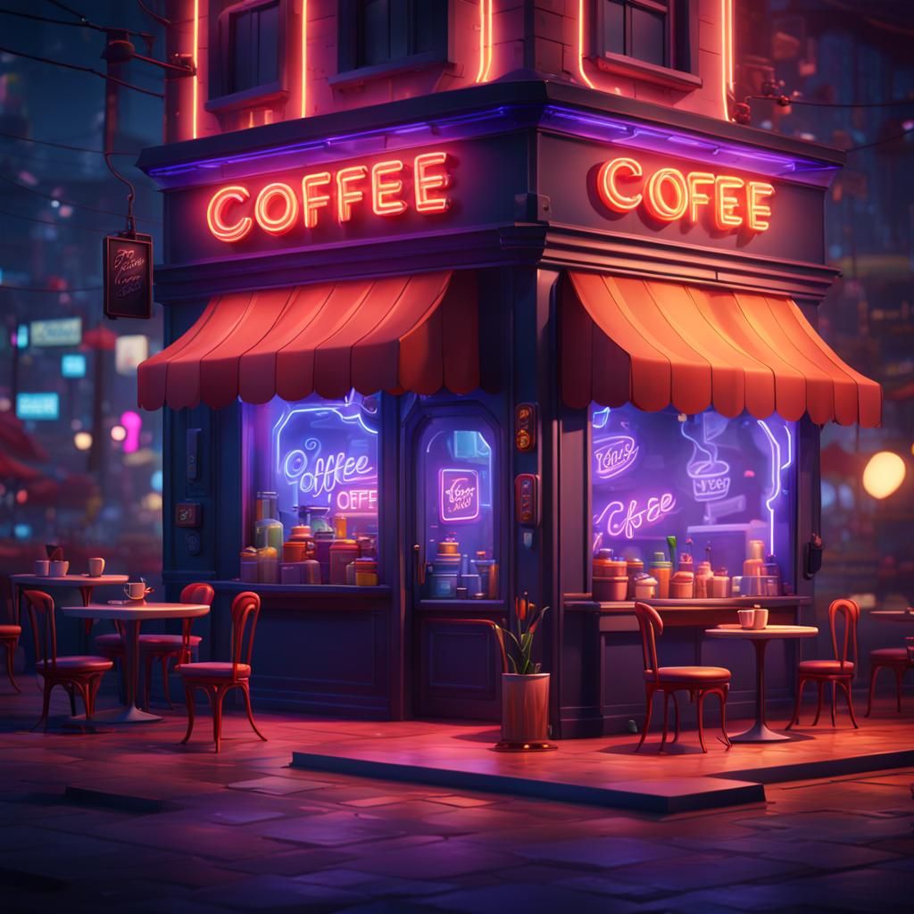 Cartoon Coffee Shop with Neon Sign in Fantasy Art
