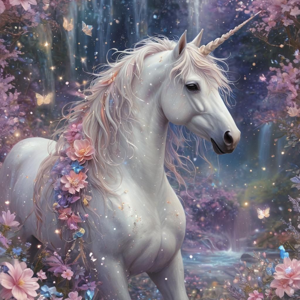 Unicorn in Starry Forest: Ethereal Fantasy Realism