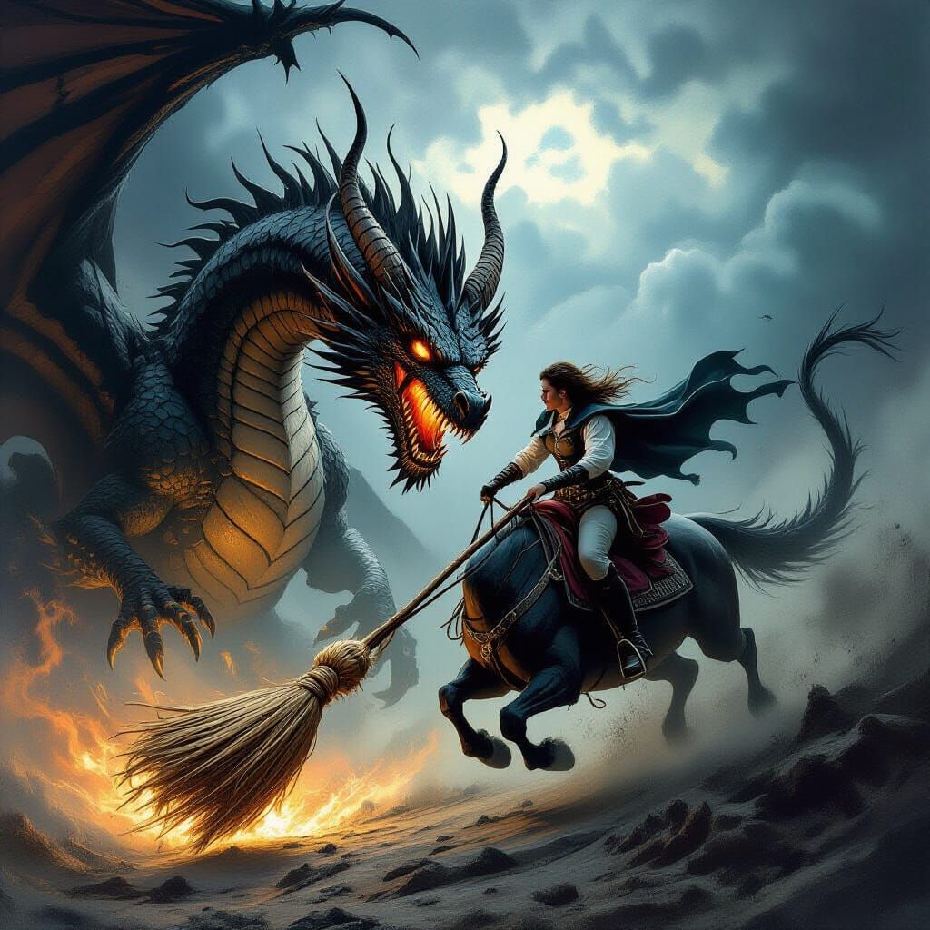 Furious Dragon Carries German Rider in Dark Fantasy Style