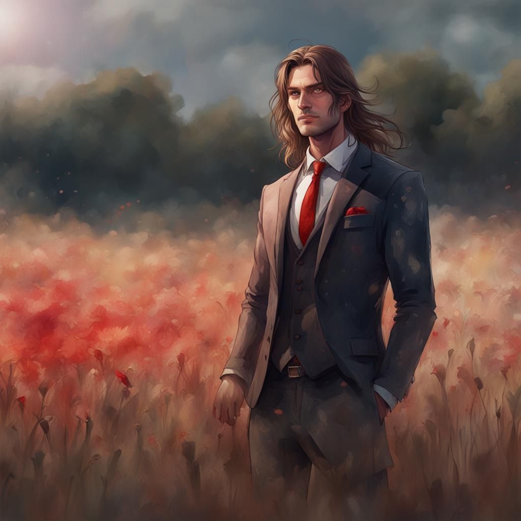 Watercolor Painting of Brown-Haired Man in Field