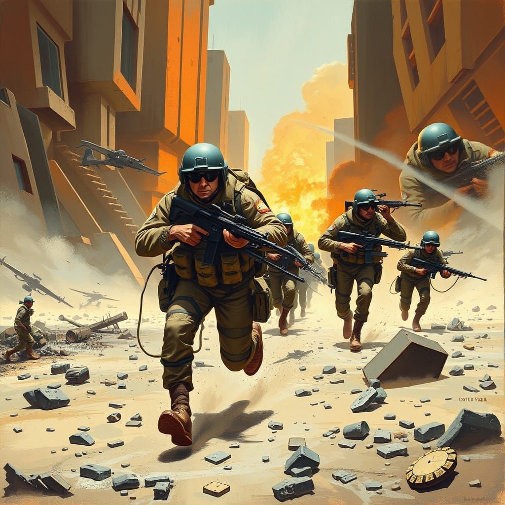 Soldiers in War Zone, Dystopian Action Scene