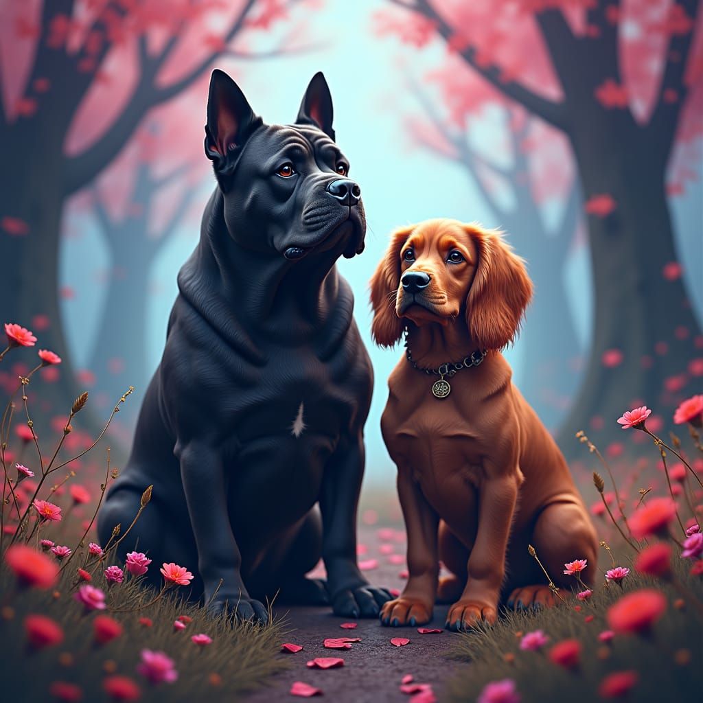 Cane Corso and Cocker Spaniel in Dreamlike Fantasy Art