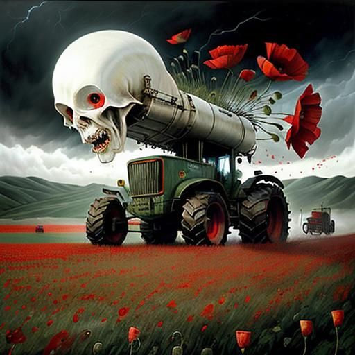 Surreal Pale Farmer Drives Tractor Through Poppy Field