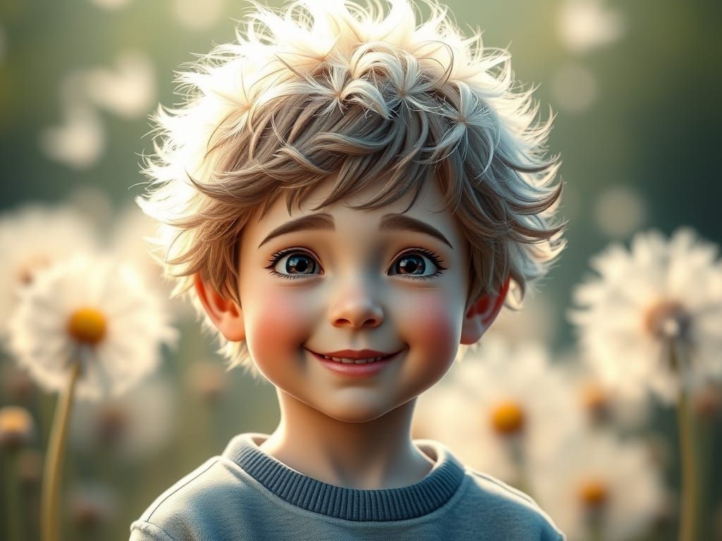 Dandelion Boy Portrait in Hyper-Realistic Style