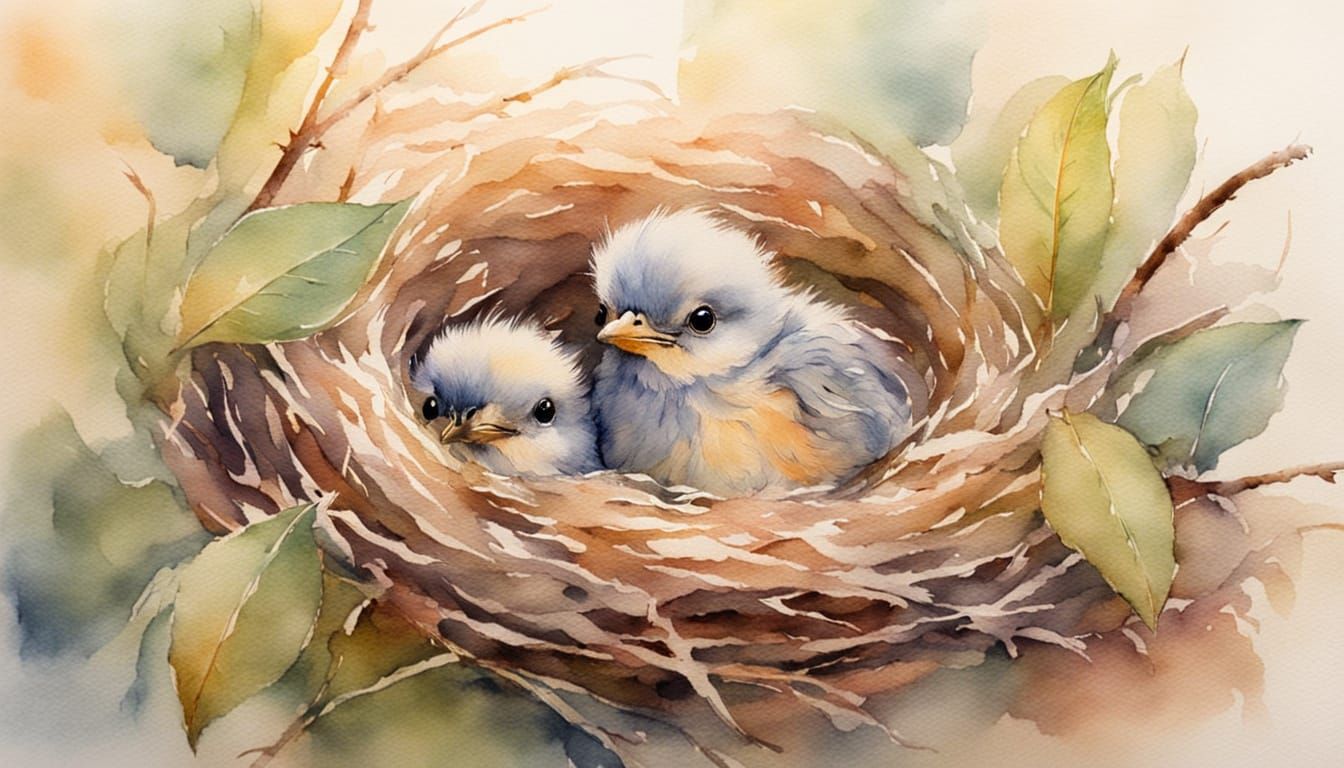 Delicate Watercolour: Baby Bird in Nest