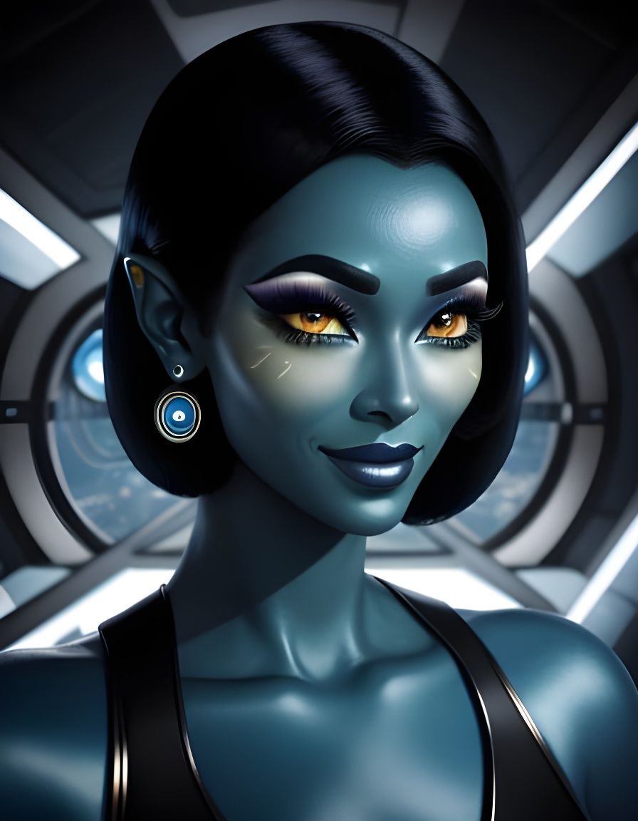 Retrofuturistic Blue Alien Goddess in Mid-Century Spacecraft