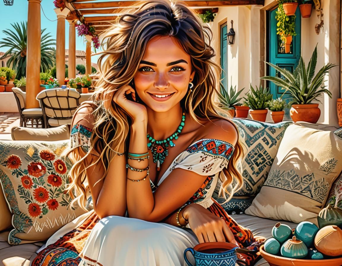 Boho Girl with Summer Dress on Mediterranean Terrace