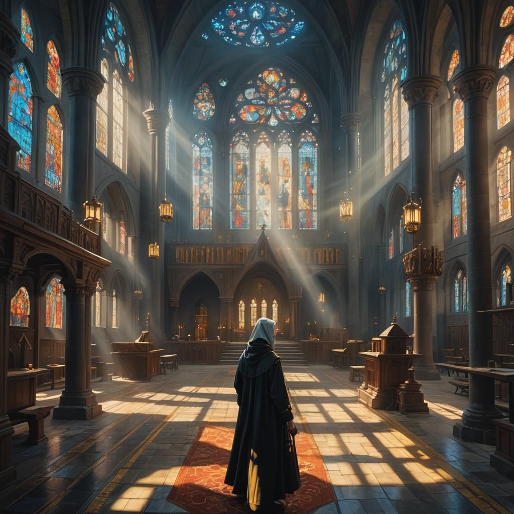 Mother Superior in Sunlit Monastery: Digital Matte Painting