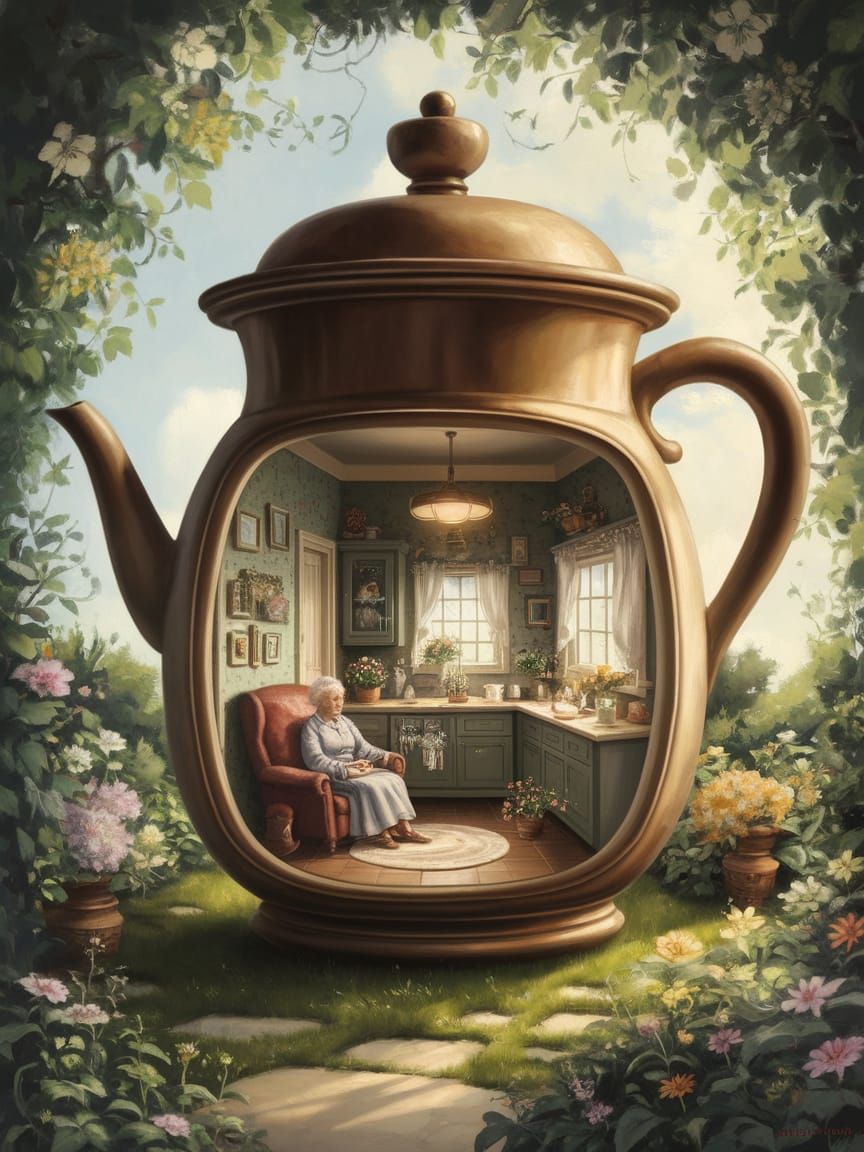 An old lady lives an old coffee pot