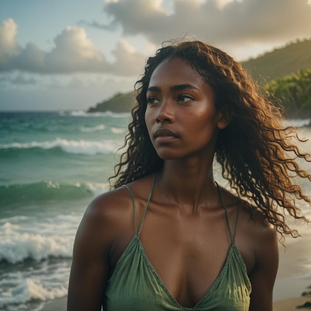 Pensive Woman Gazing at Sea in Golden Light
