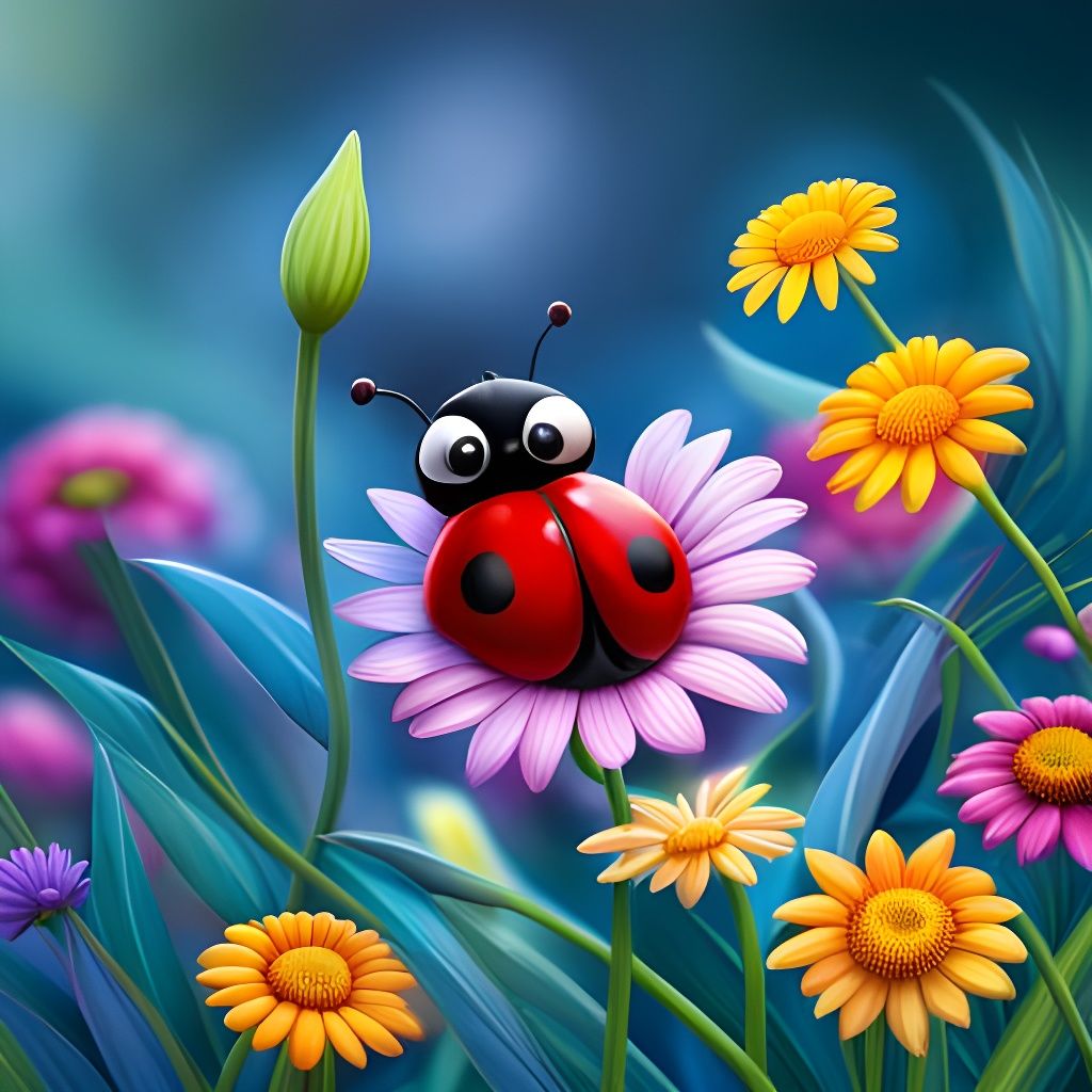 Smiling Ladybug in Summer Flowers, Pixar Style