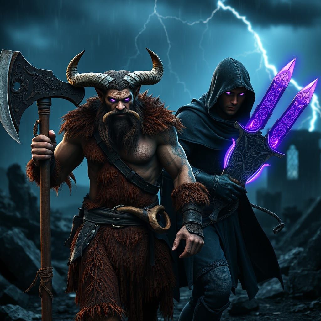 Powerful Satyr Barbarian Walks Beside Mysterious Rogue in Da...