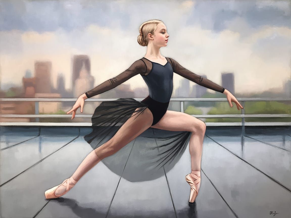 Elegant City Rooftop Ballet in Expressionist Oil Painting