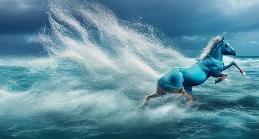 Horse Galloping in Ocean Waves: Realistic Image