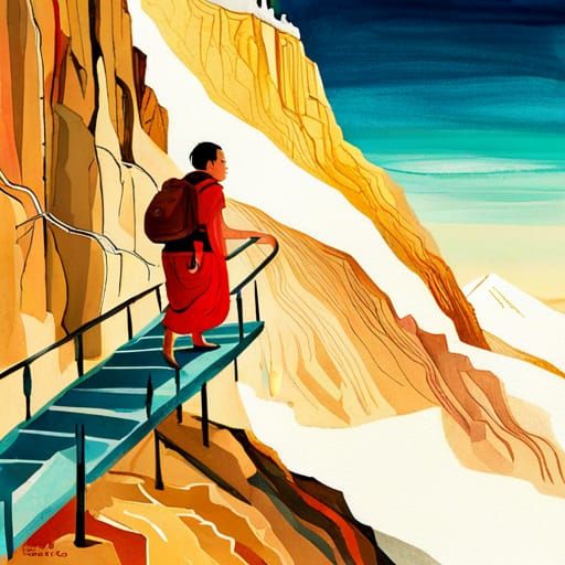Monk Ascends Everest Temple in Gouache Style