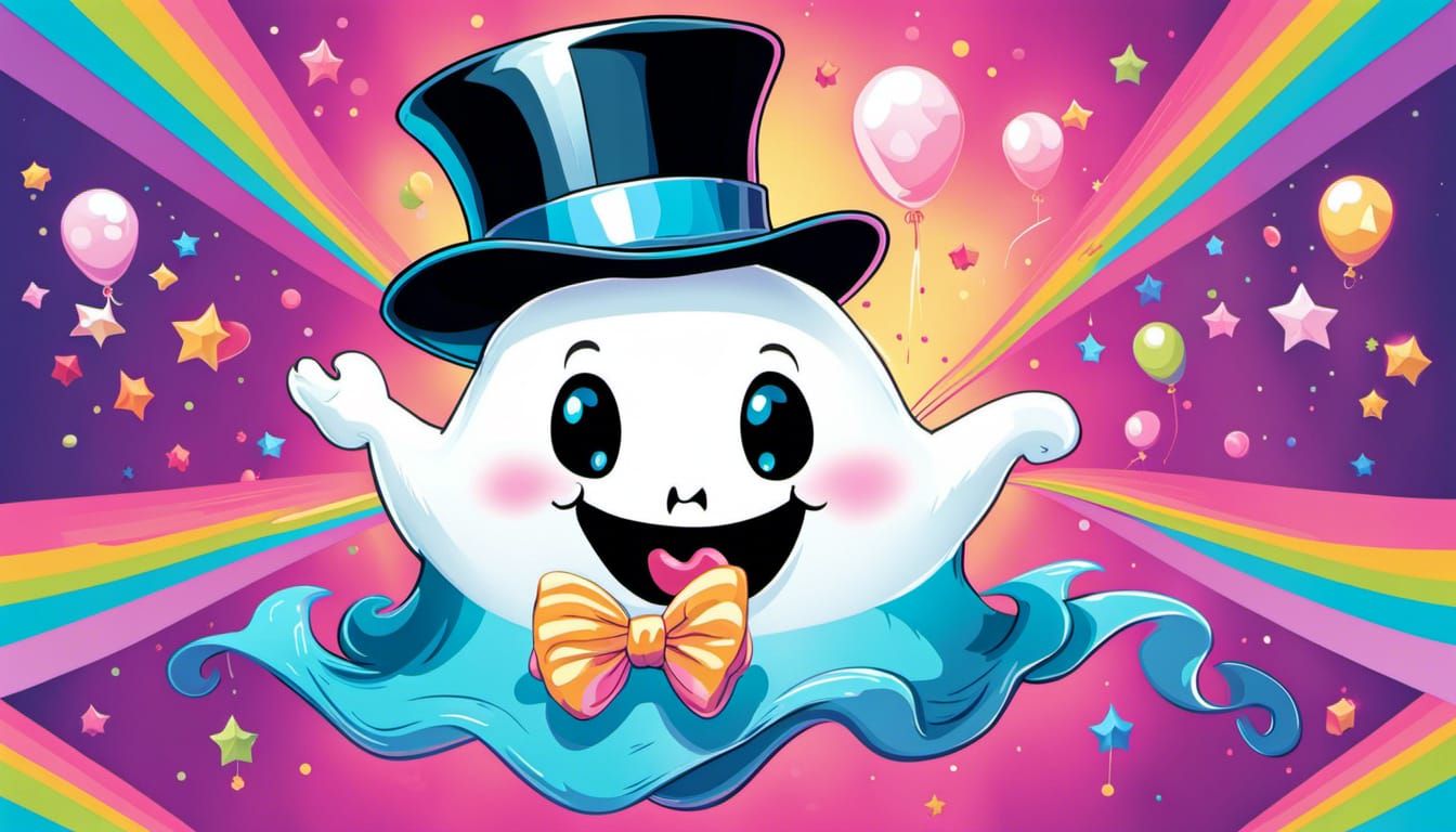 An adorable, smiling ghost wearing a bow tie and top hat, fl...
