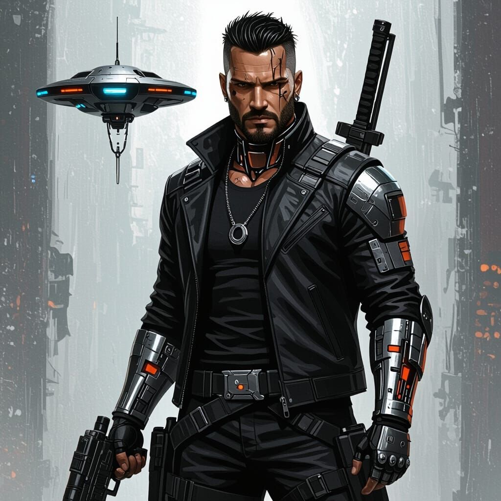 Cyberpunk Bounty Hunter with Drone in Gritty Sci-Fi Style