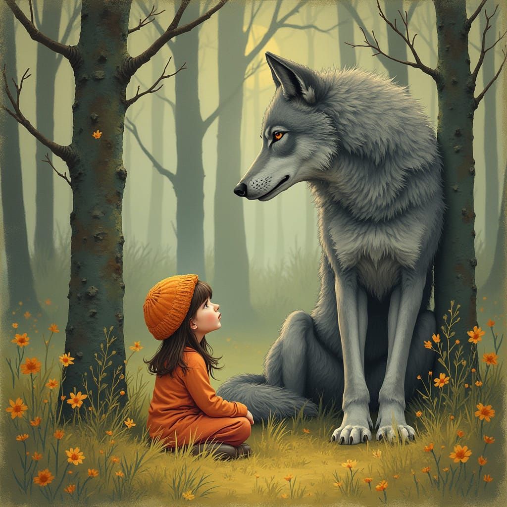 Whimsical Woodland Scene with Girl and Majestic Wolf