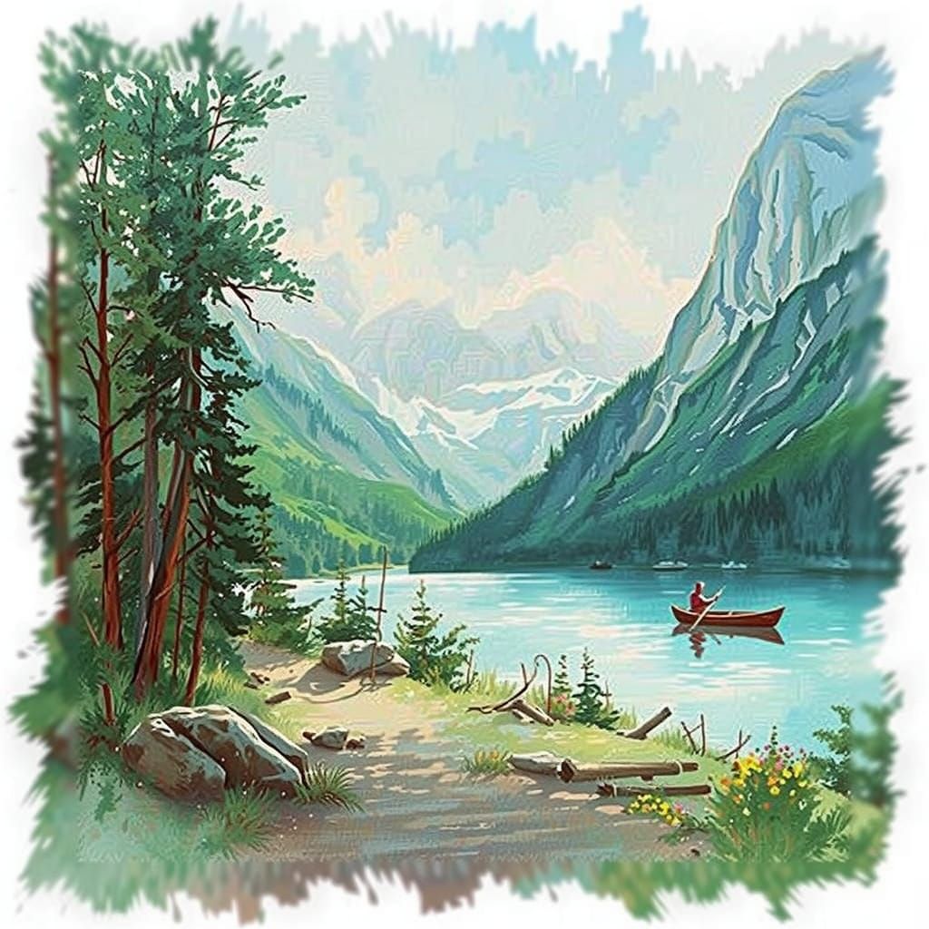 Serene Mountain Lake in Impressionist Style