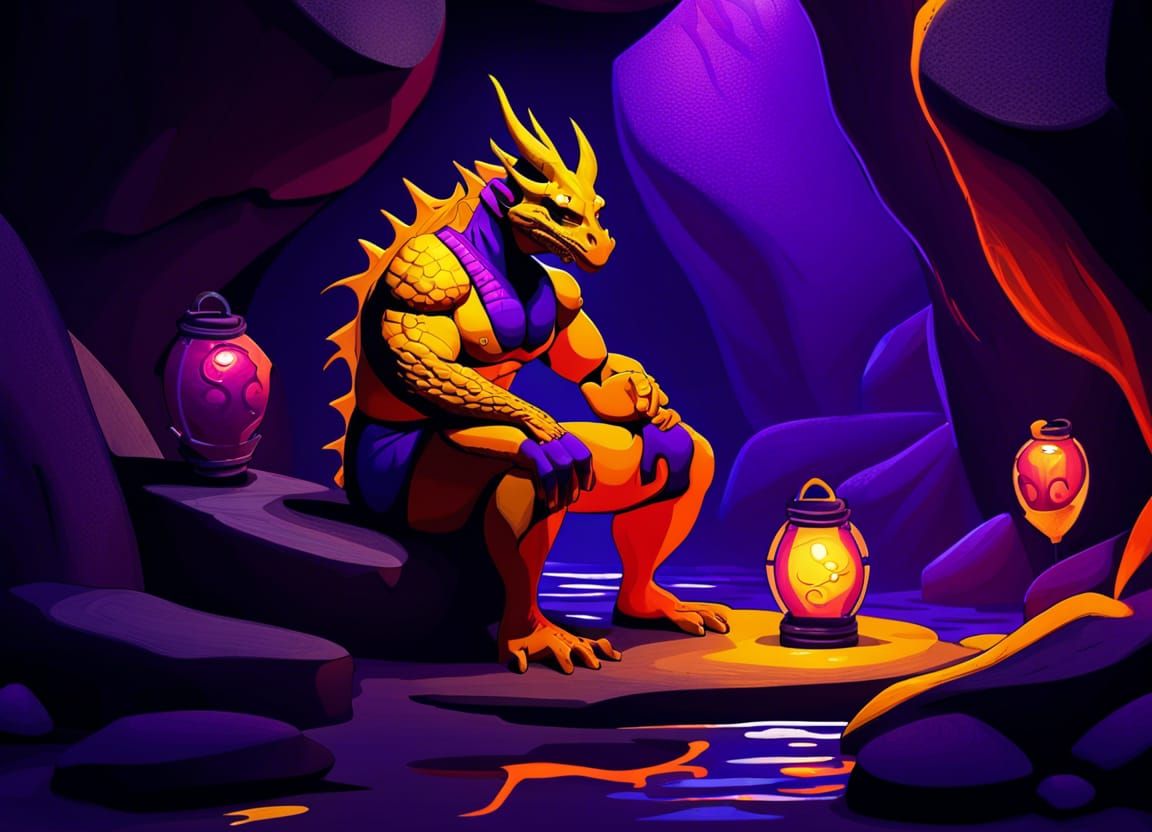 Dragon Bodybuilder Meditating in Violet Cave: Pixar Style