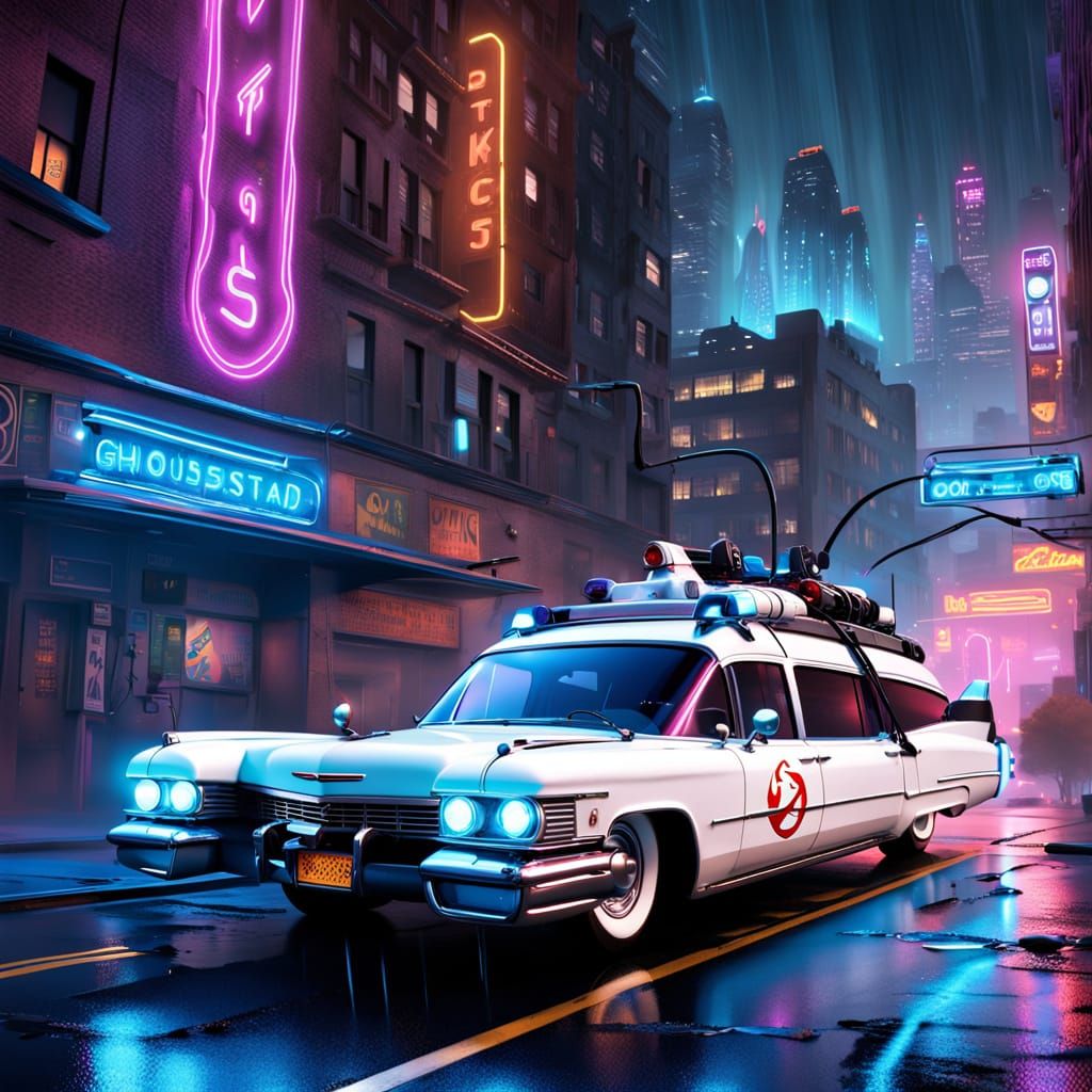 High-Tech Ecto 1 Speeds Through Neon City