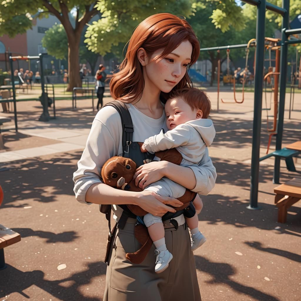 Chestnut Haired Mother and Baby: 3D Anime Art