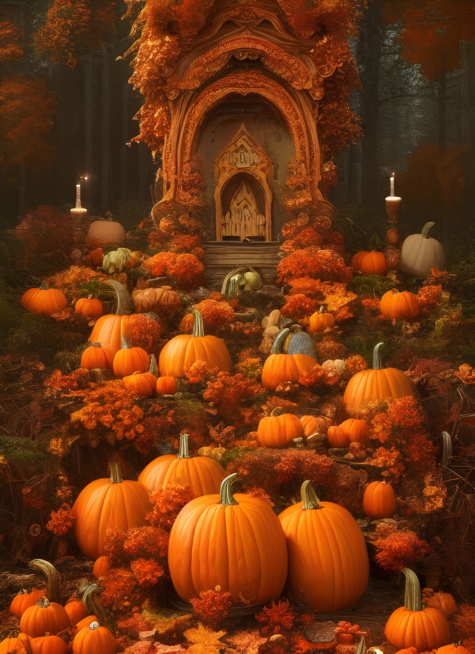 Elaborate Pumpkin Shrine in Autumn Forest, Digital Painting