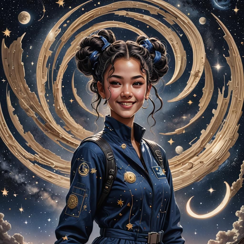 Woman in Galaxy with Space Buns Hairstyle