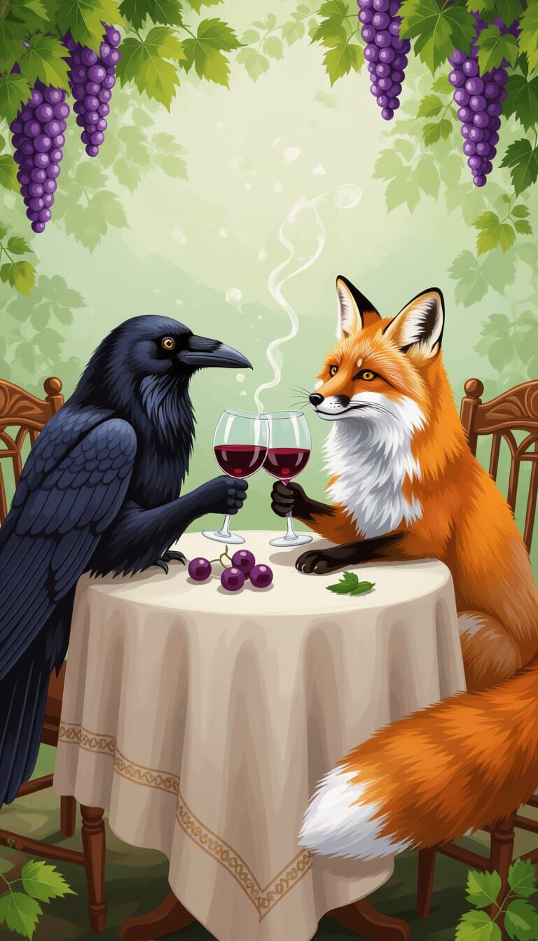 Raven and Fox Toast with Wine in Bacchic Scene