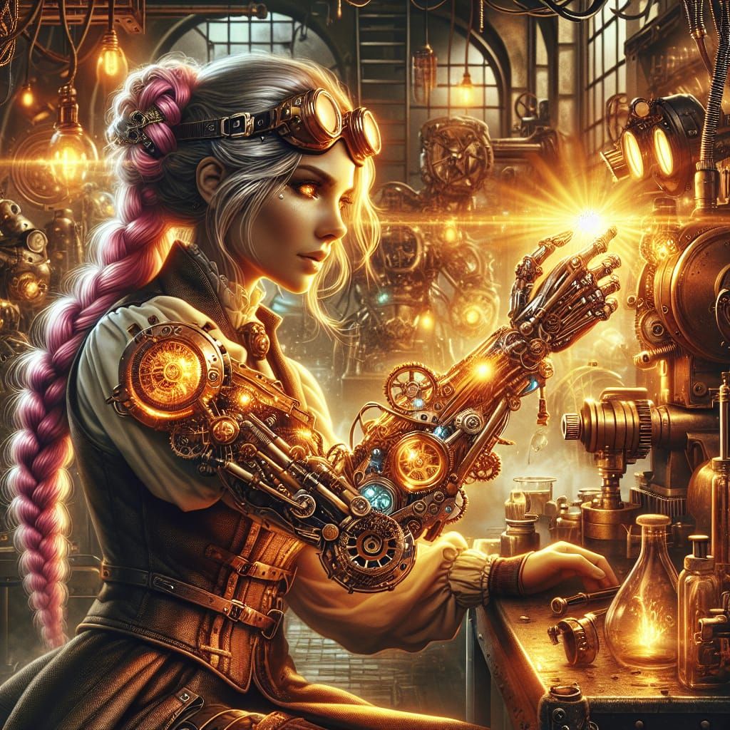 Steampunk Mechanic in Hyper-Detailed Lab with Prosthetic Arm