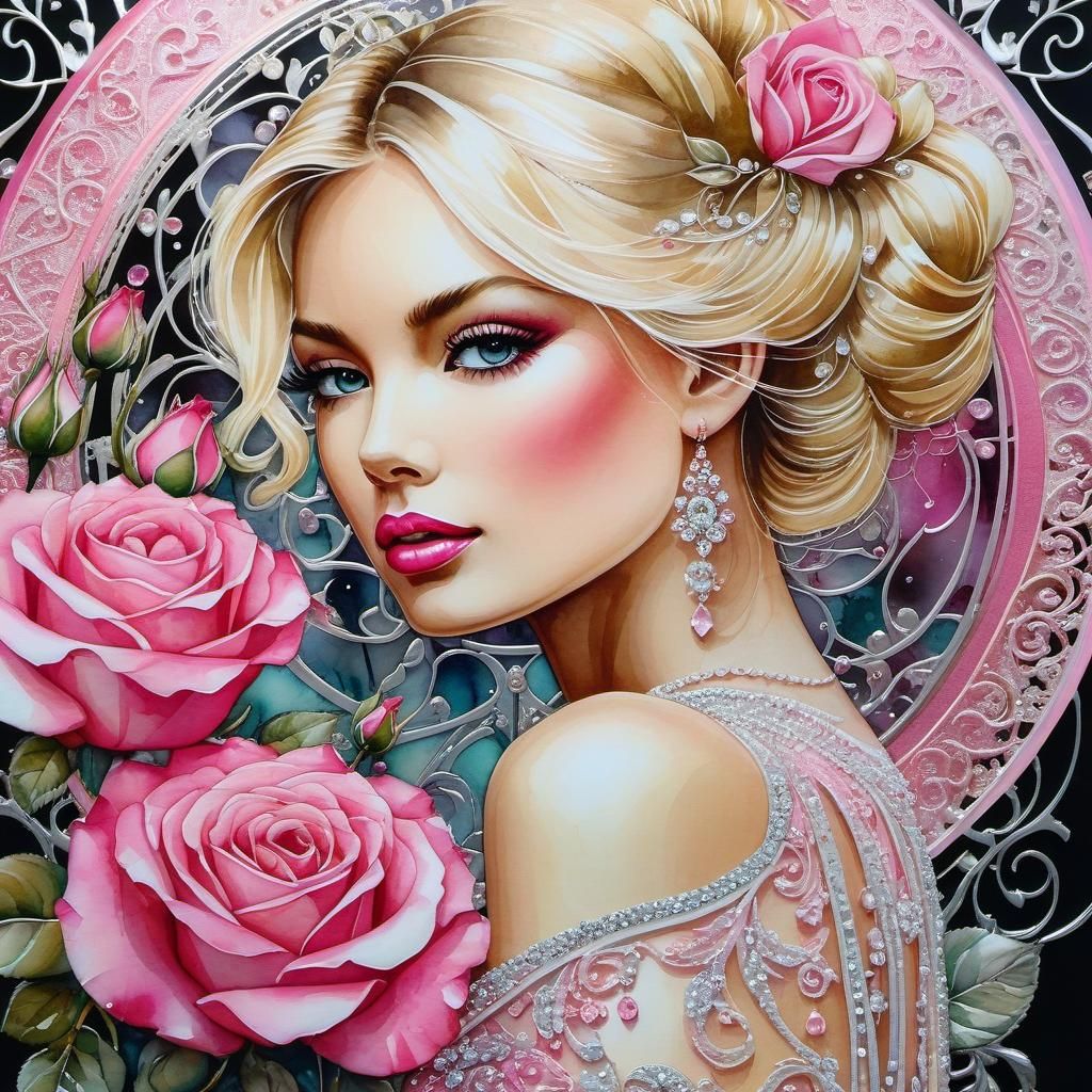 Ethereal Lady Among Whimsical Roses and Crystals