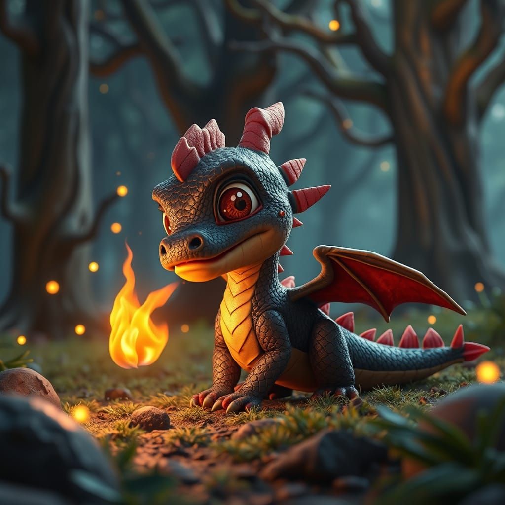 Mystical Forest Scene with Baby Dragon Learning to Breathe F...