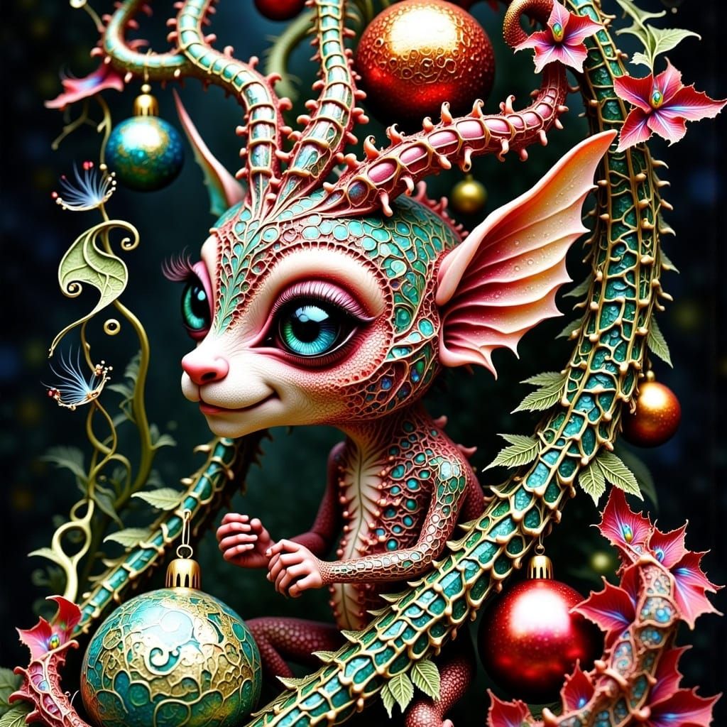 Surrealist Christmas Scene with Intricately Dressed Alien Ba...