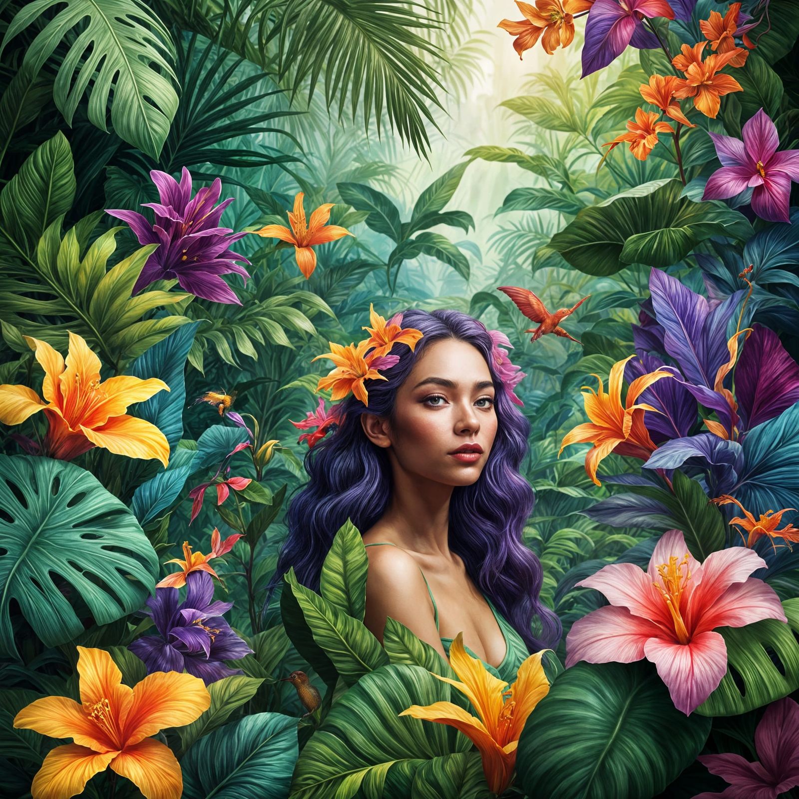 Ethereal Woman in Tropical Jungle, Fantasy Realism