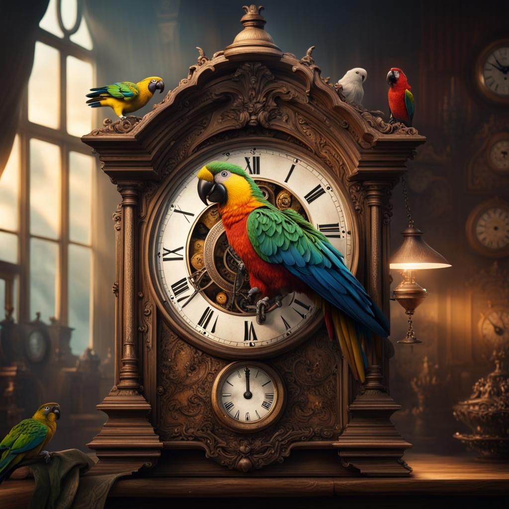 Open Cuckoo Clock with Parrot, Digital Matte Painting