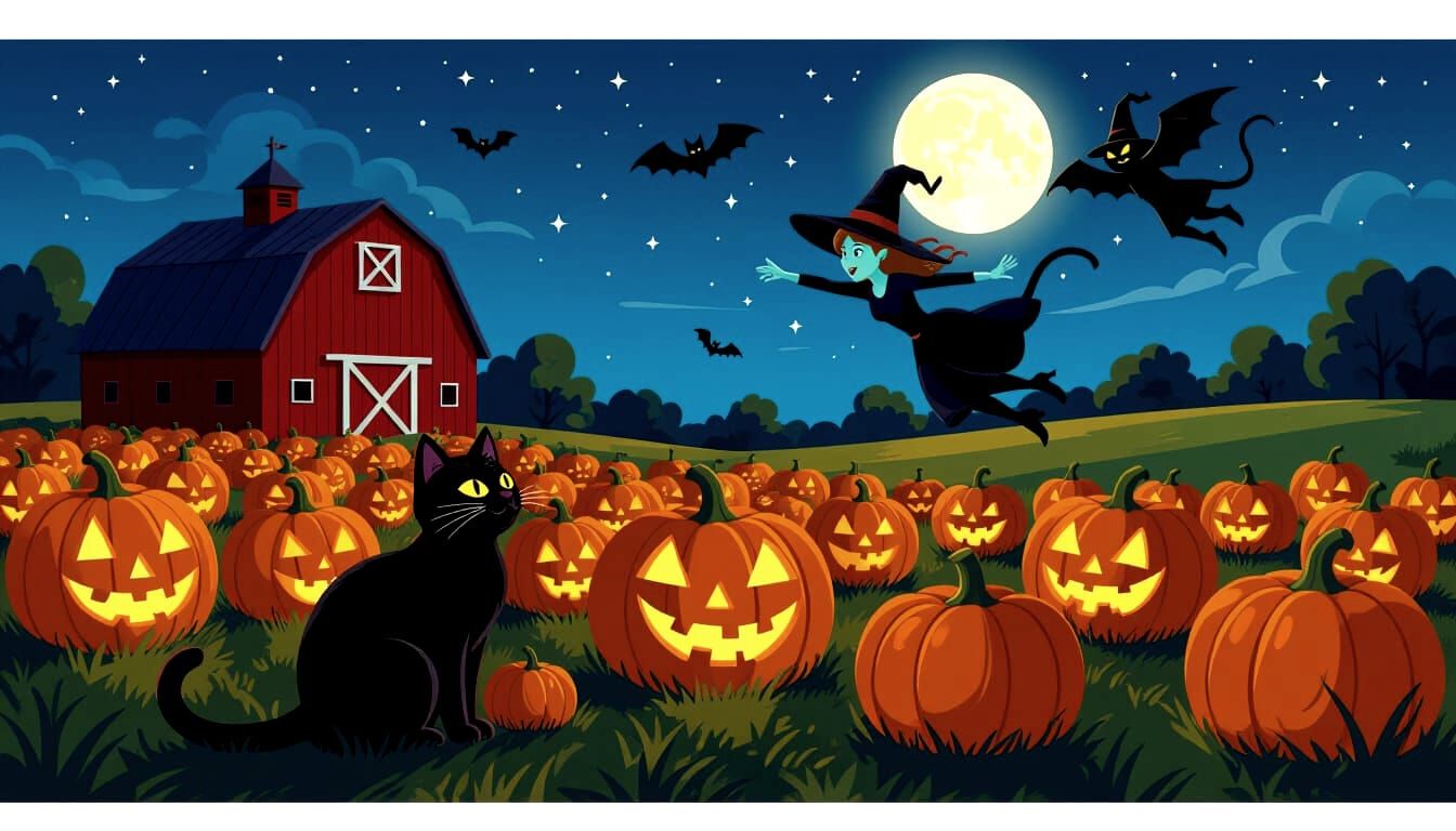 Haunted Halloween Farm Party with Flying Witch and Black Cat