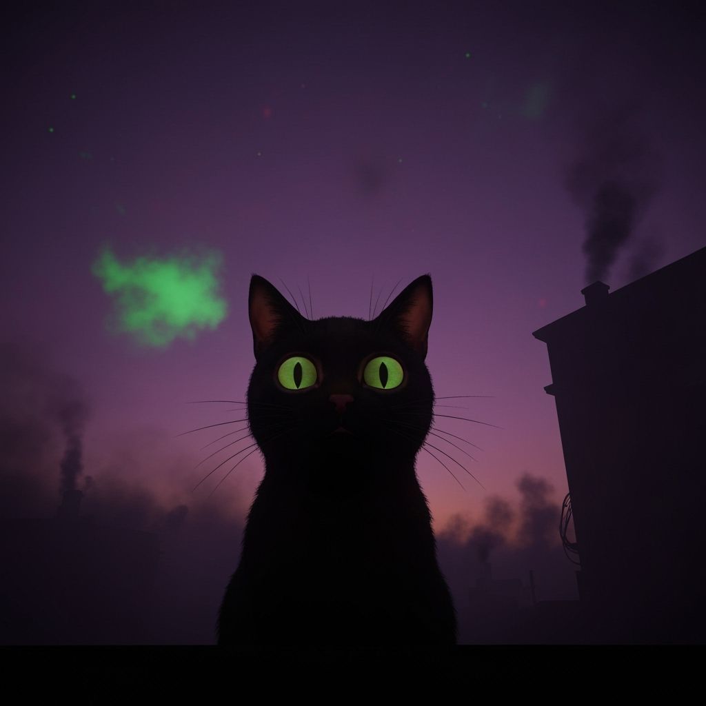Exaggerated Cat Silhouette Against Polluted Twilight Sky
