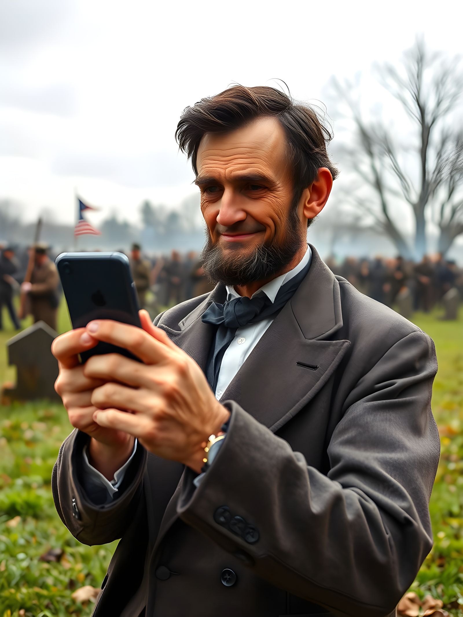 Happy Abraham Lincoln with iPhone on Battlefield