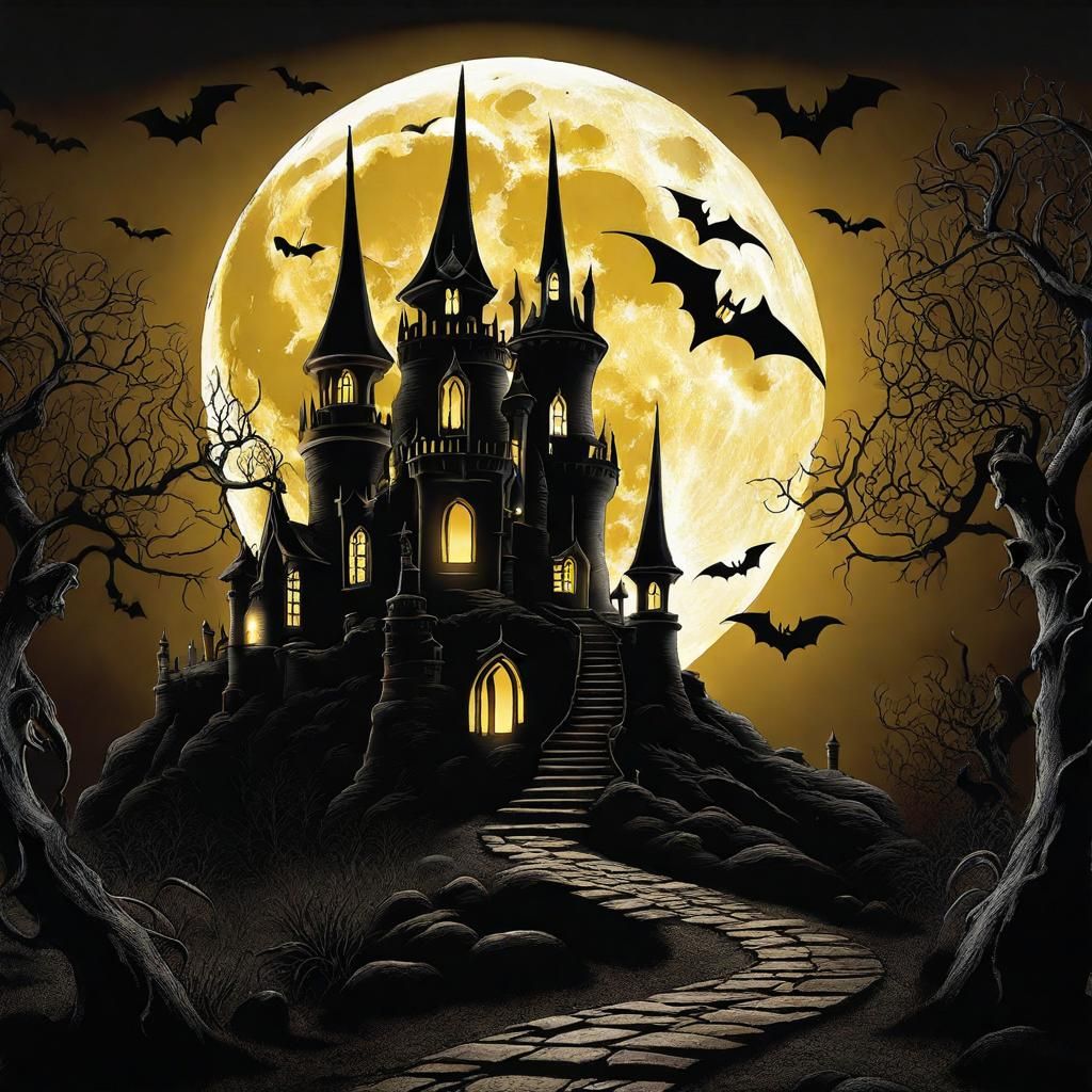 Gothic Haunted Castle with Bats in Burton Style