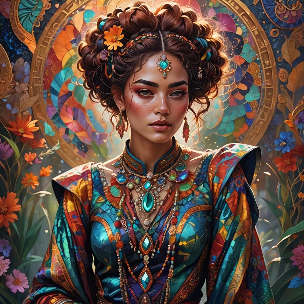 Woman in Vibrant Textiles: A Digital Masterpiece