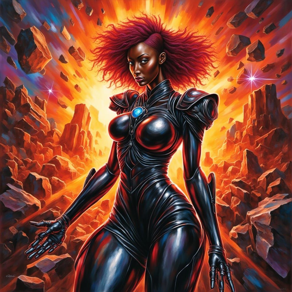 Fiery Heroine Forged in Chrome: An Impasto Acrylic Painting