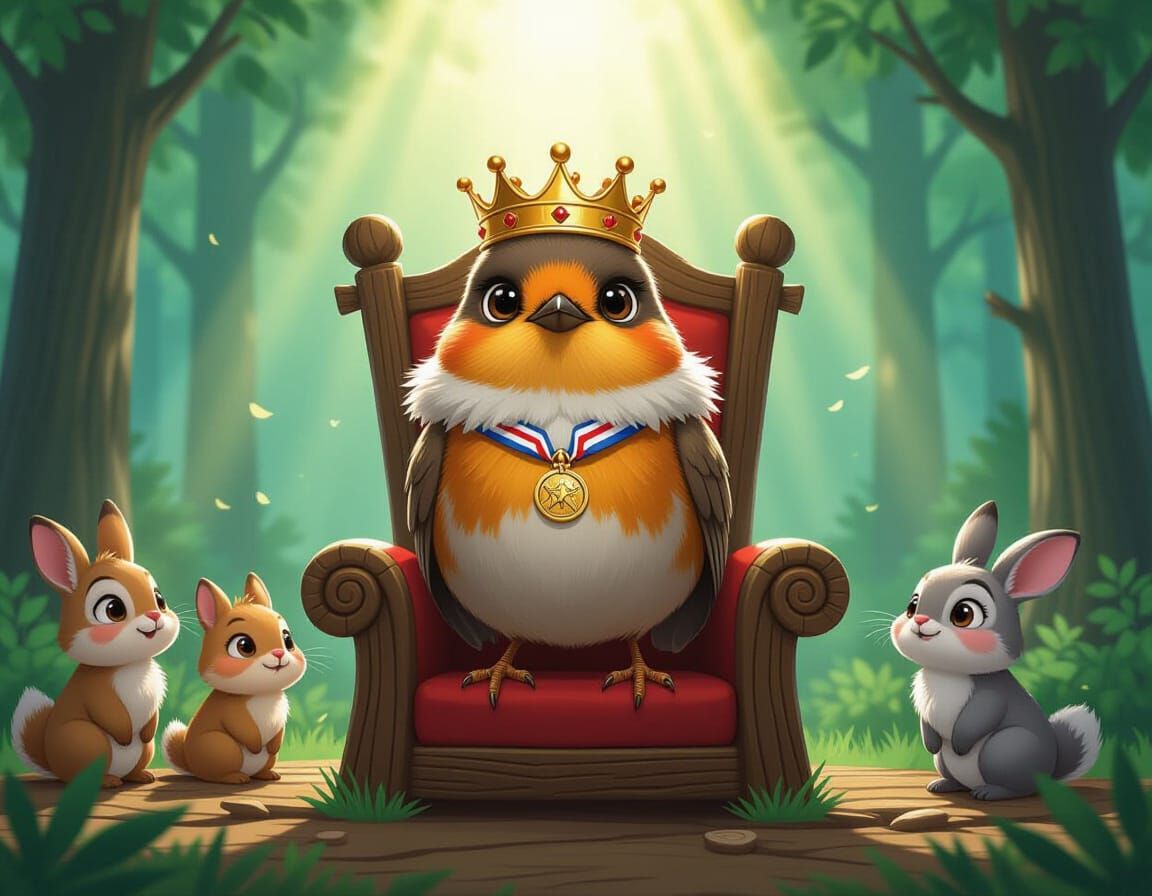 Robin King on Twig Throne with Golden Crown